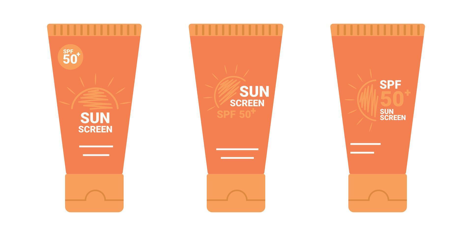 Tubes with sunscreen product. SPF summer skincare UV protection product design variations set. SPF 50 cream or lotion. illustration vector