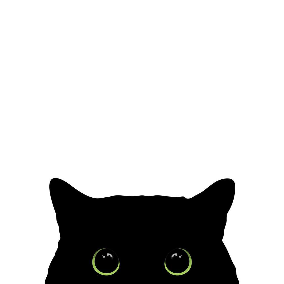 Peeking black cat with big green eyes isolated on white background. Curious cat hides and peeks. Cute black cat face. illustration vector