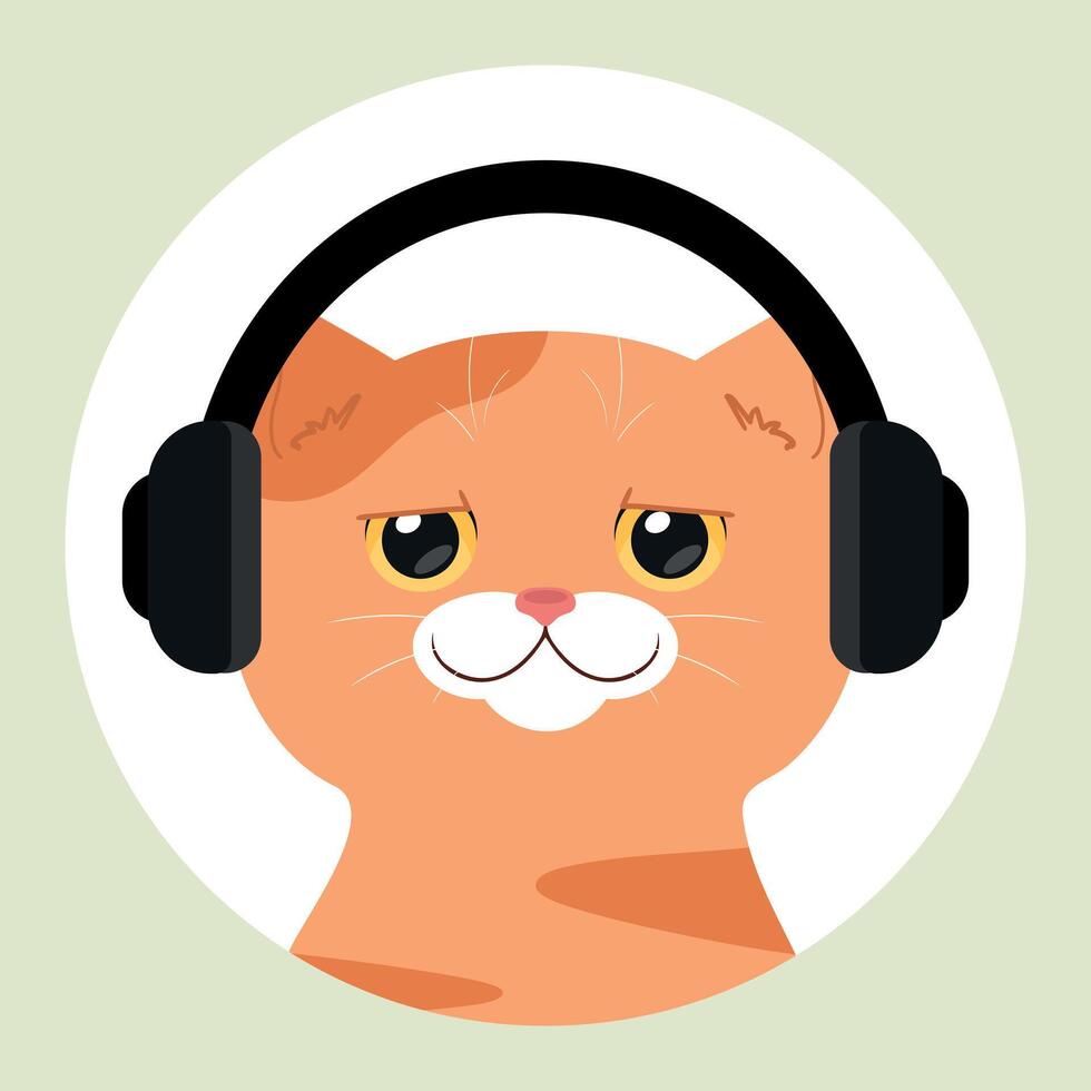 Cute red tabby cat in headphones. Cat listening to music or playing games. Cute cartoon character. illustration vector
