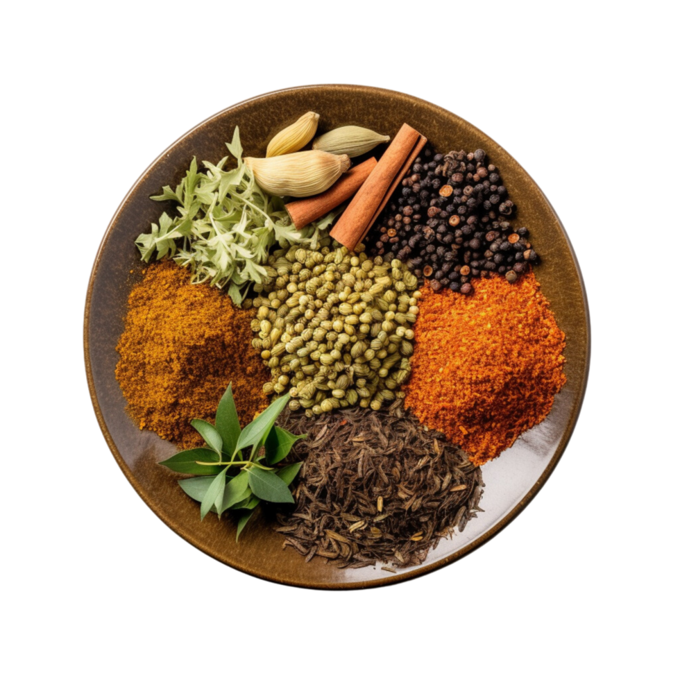 A plate with all kinds of spicy and soft indian herbs on a bowl top view isolatedon a transparent background png