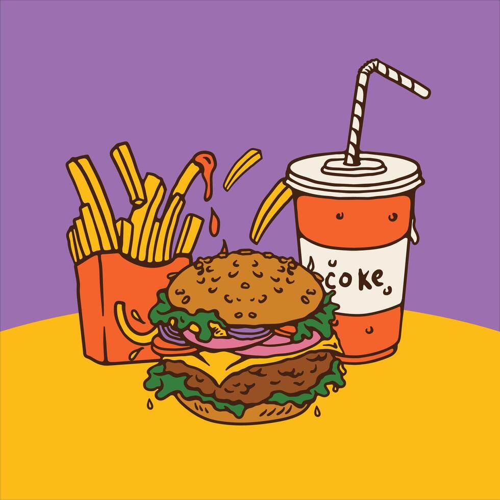 Fast Food Illustration Burger Coke and French Fries Digital Hand Drawing vector