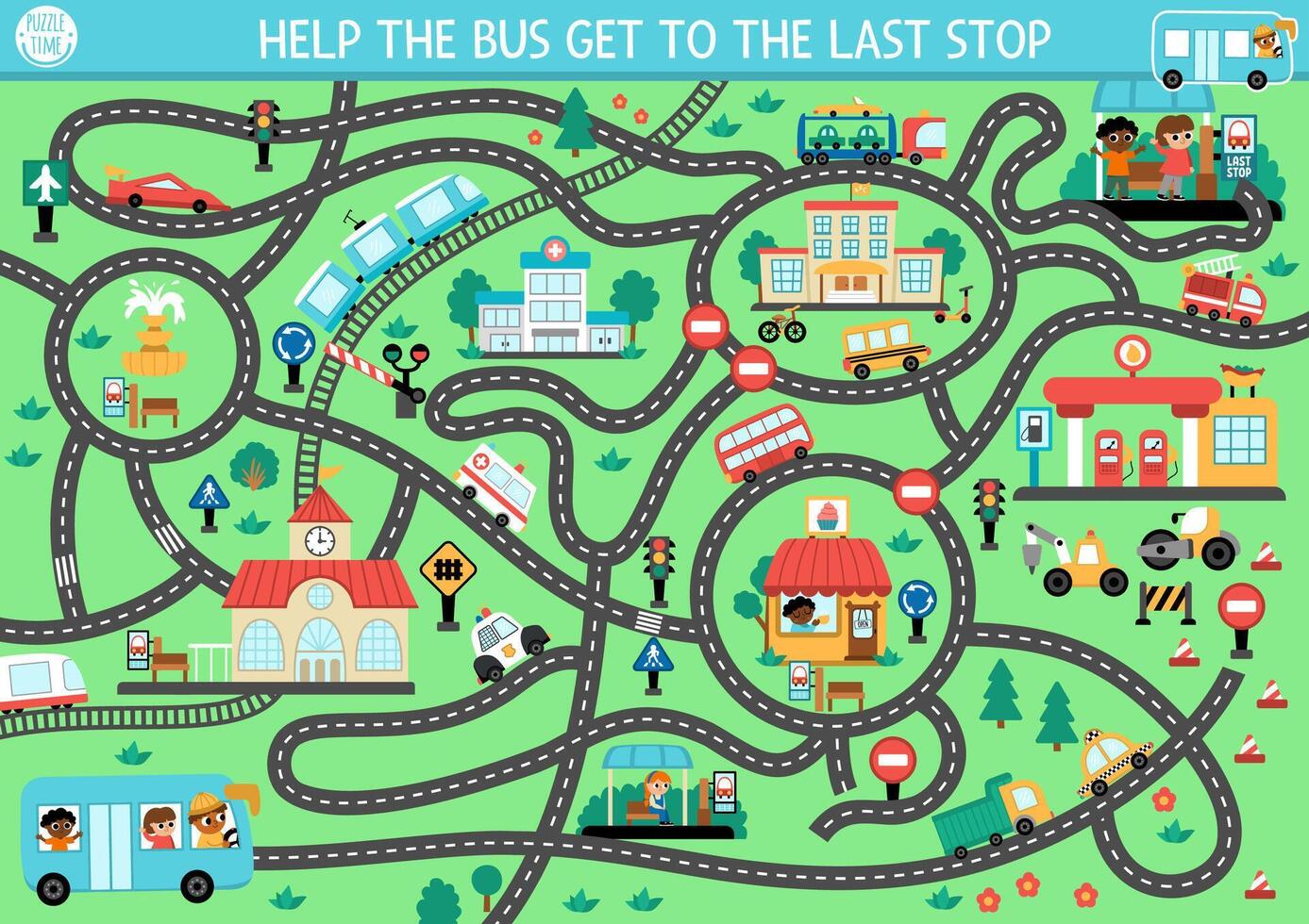 Transportation maze for kids with city landscape, cars, passengers, places. Urban transport preschool printable activity. Labyrinth game or puzzle with roads, rails. Help the bus get to last stop vector