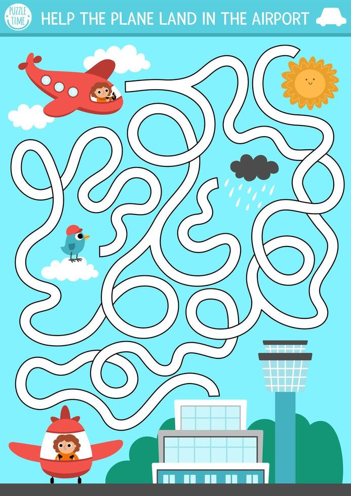 Transportation maze for kids with city landscape and airplane. Urban transport preschool printable activity. Labyrinth game or puzzle with aircraft and pilot. Help the plane land in the airport vector