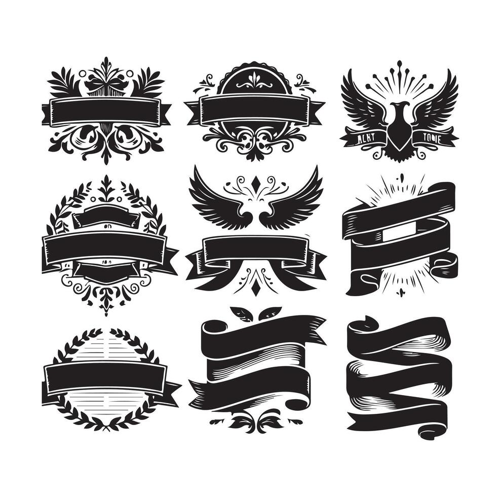 Vintage blank ribbons set. Badge, banner, ribbon, flag, sunburst design element on isolated white background vector