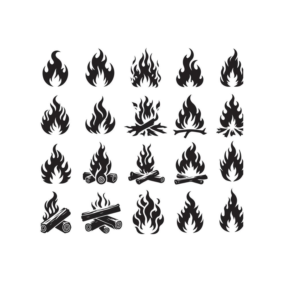 fire flame silhouette icon set, high quality isolated on white background vector