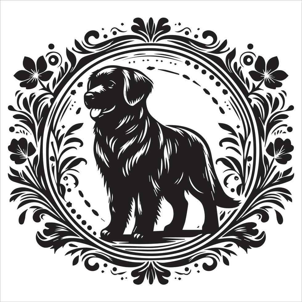 A collage of dog a plant in an illustrated frame risograph silhouette white background vector