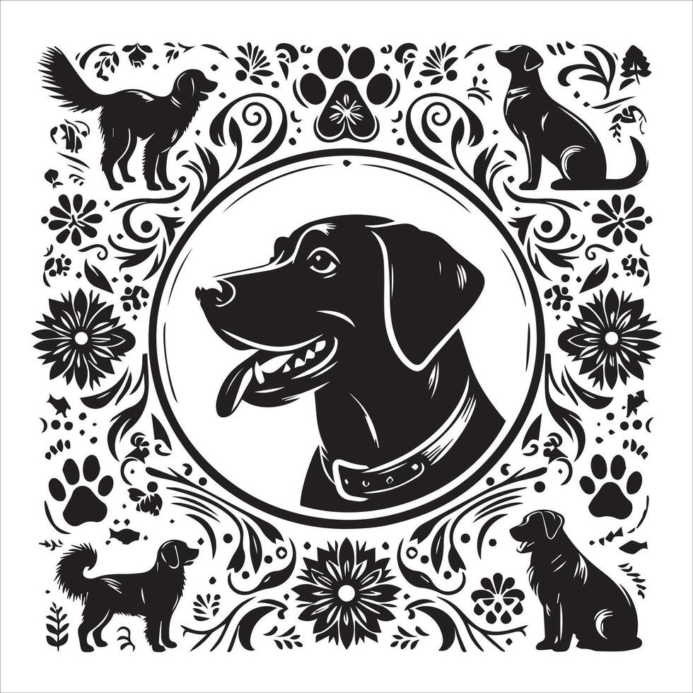 A collage of dog a plant in an illustrated frame risograph silhouette white background vector