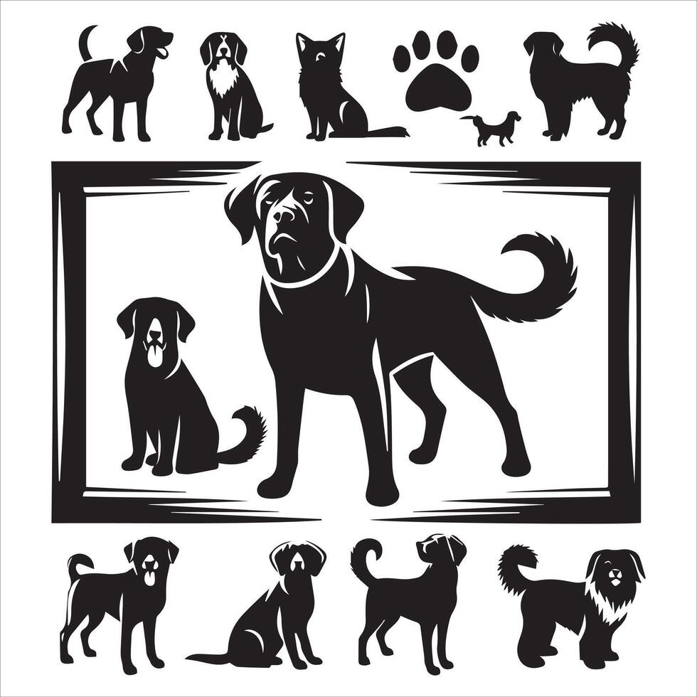 A collage of dog a plant in an illustrated frame risograph silhouette white background vector