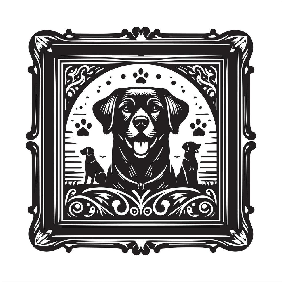 A collage of dog a plant in an illustrated frame risograph silhouette white background vector