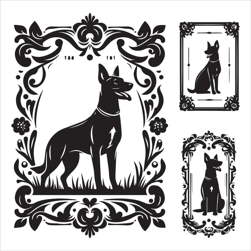 A collage of dog a plant in an illustrated frame risograph silhouette white background vector