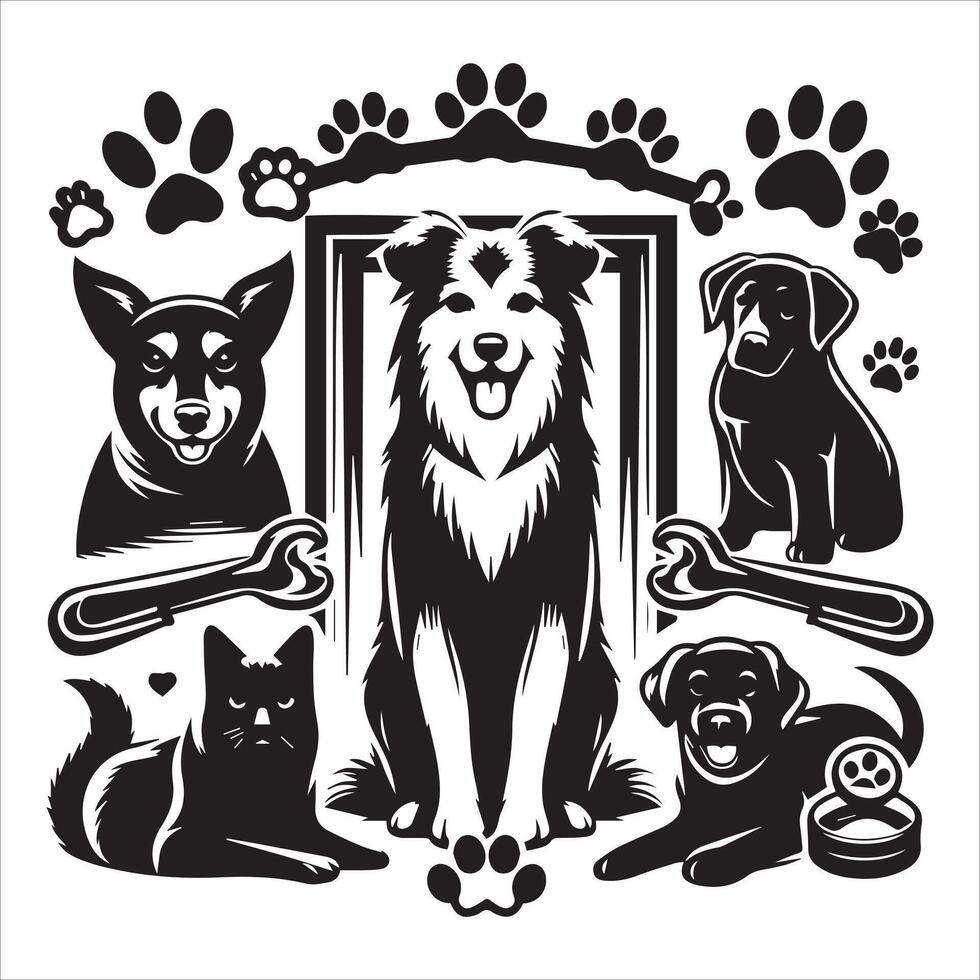 A collage of dog a plant in an illustrated frame risograph silhouette white background vector