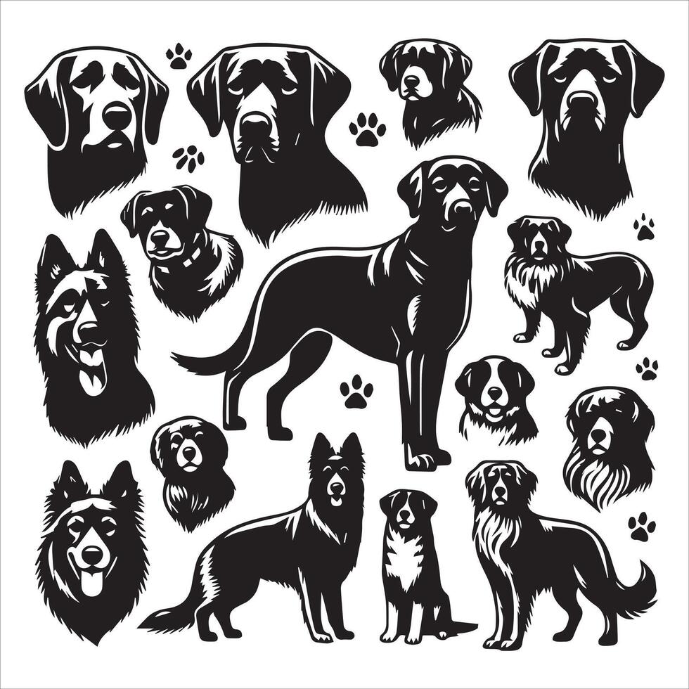 A collage of dog a plant in an illustrated frame risograph silhouette white background vector