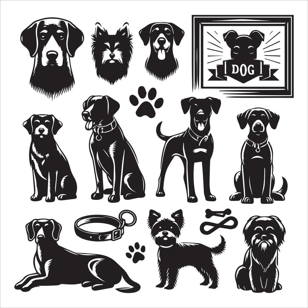 A collage of dog a plant in an illustrated frame risograph silhouette white background vector