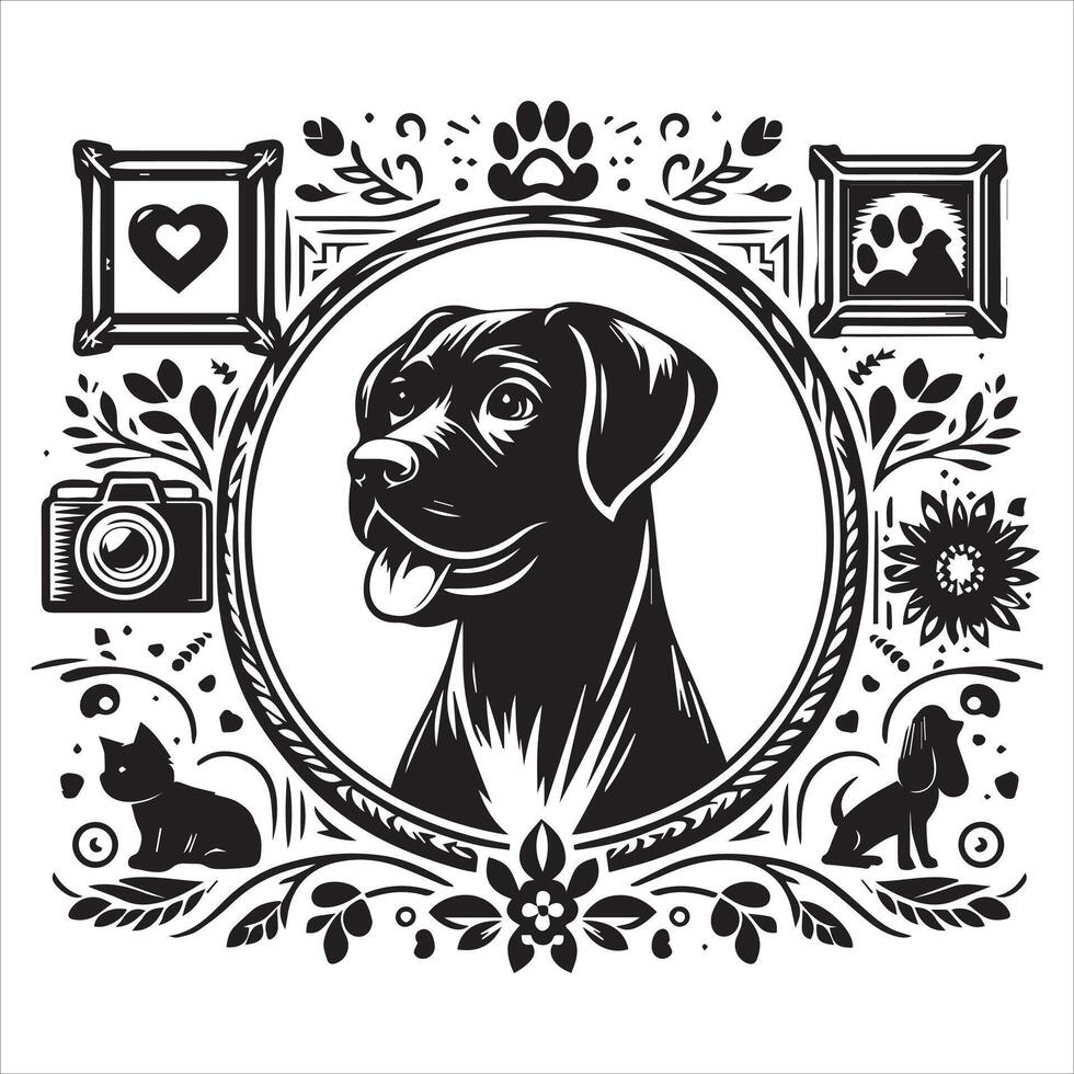A collage of dog a plant in an illustrated frame risograph silhouette white background vector