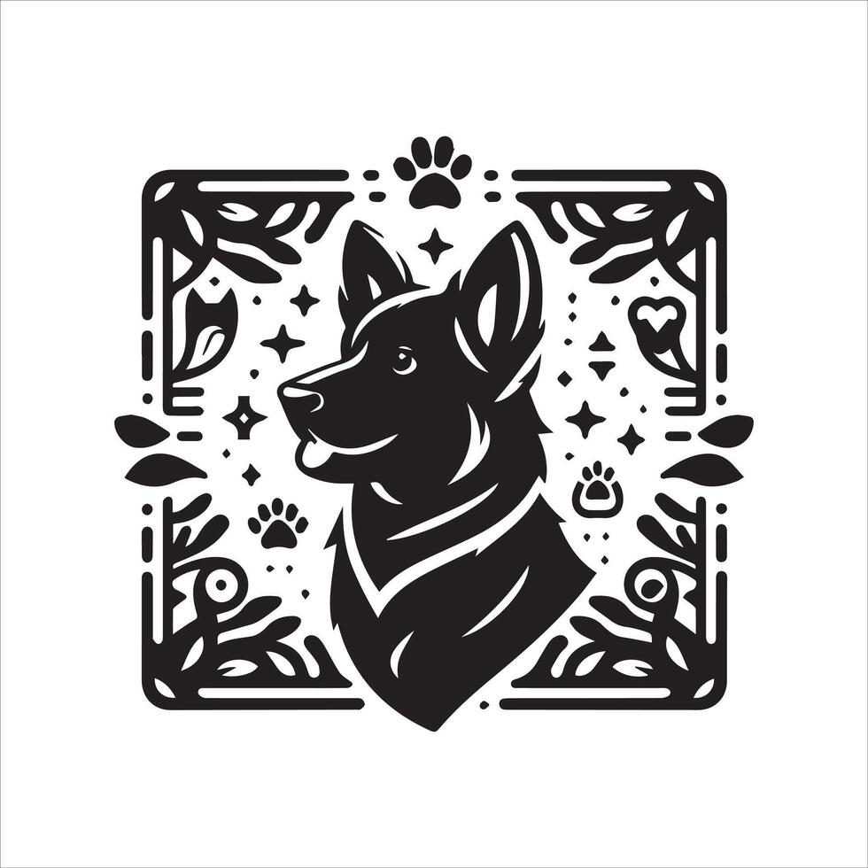 A collage of dog a plant in an illustrated frame risograph silhouette white background vector