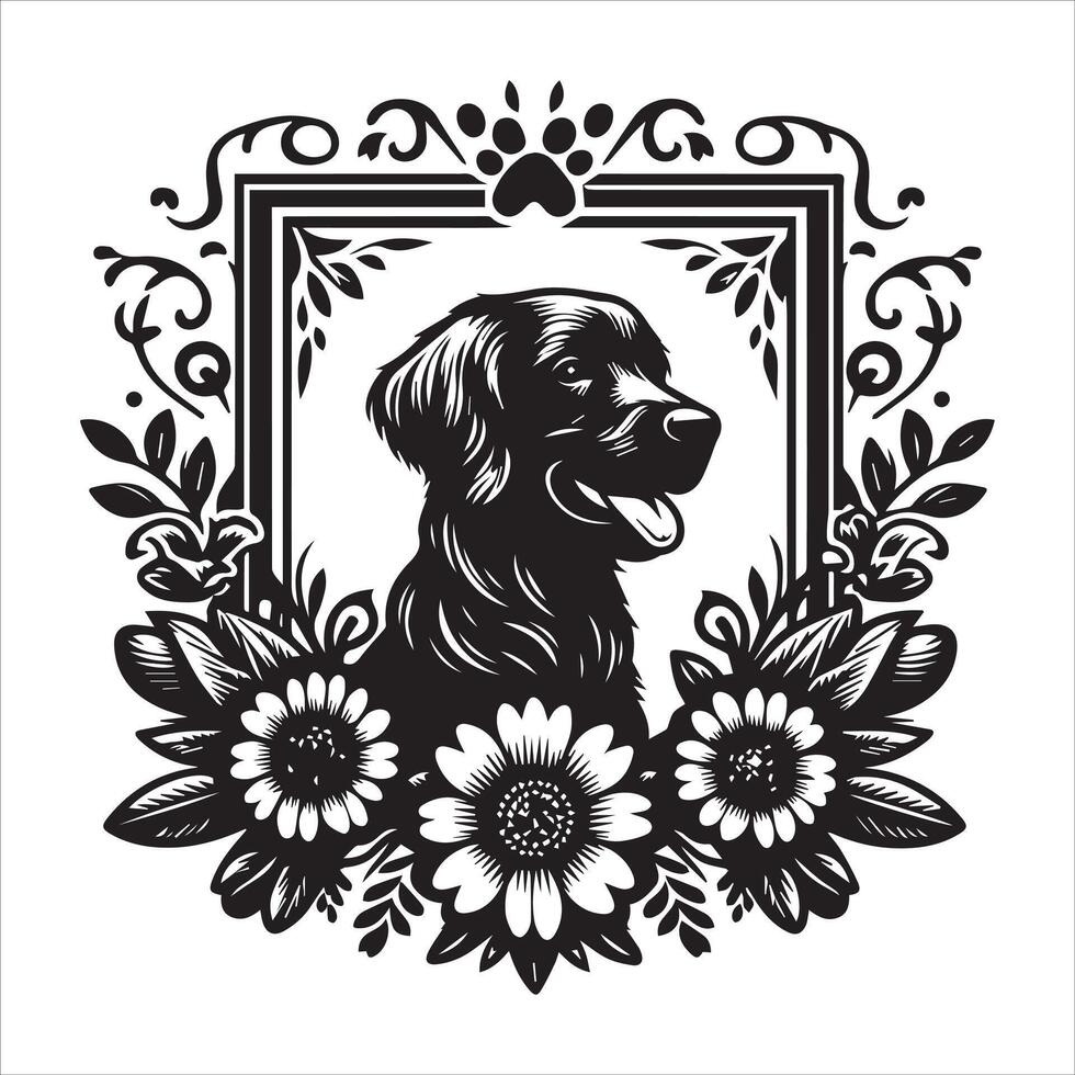 A collage of dog a plant in an illustrated frame risograph silhouette white background vector