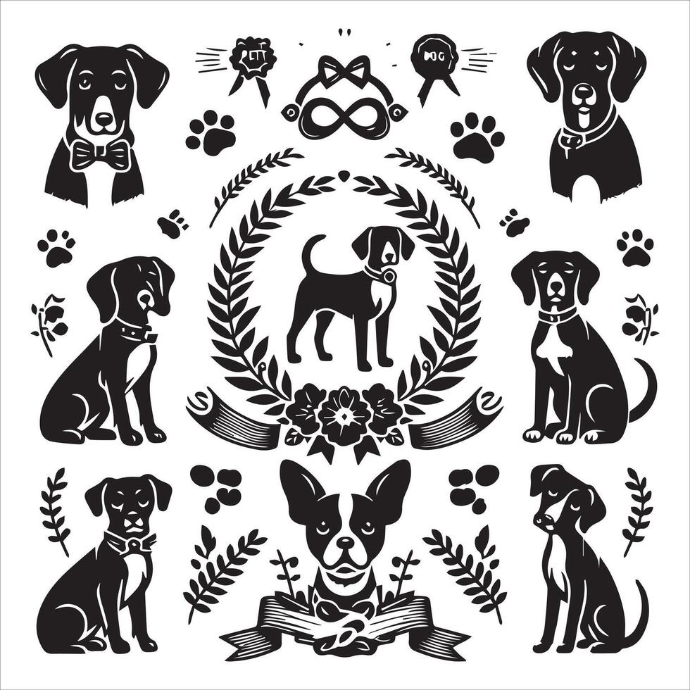 A collage of dog a plant in an illustrated frame risograph silhouette white background vector