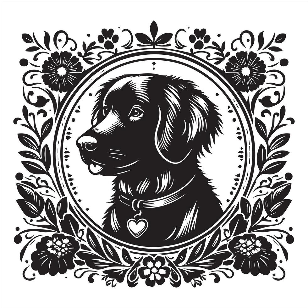 A collage of dog a plant in an illustrated frame risograph silhouette white background vector