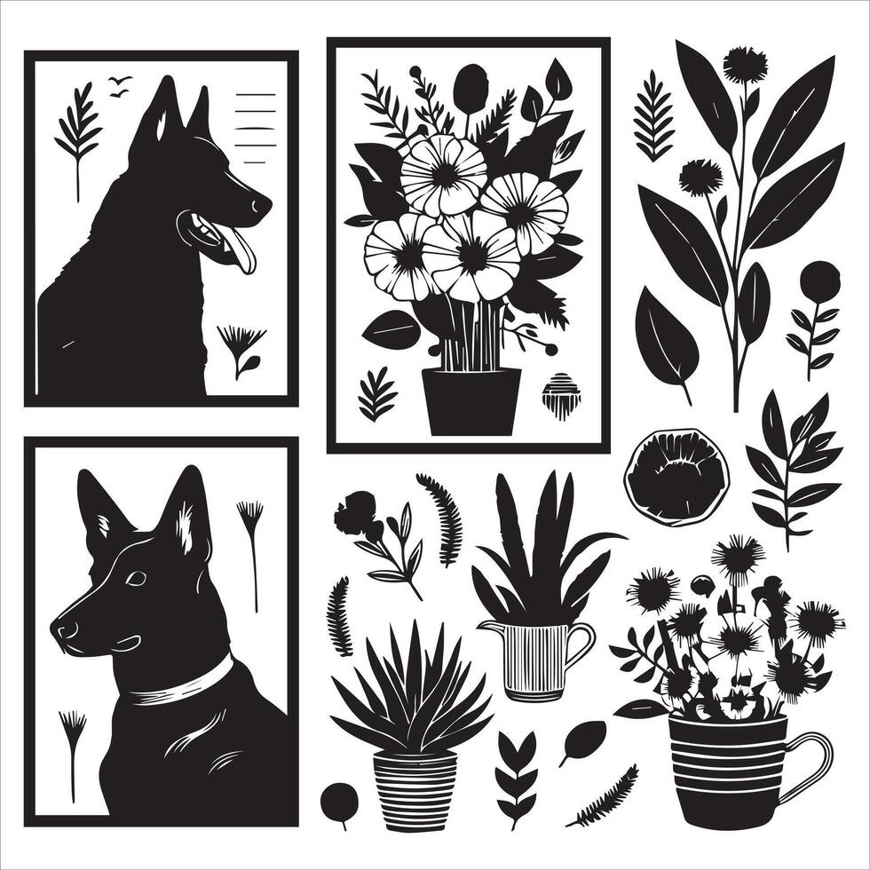 A collage of dog a plant in an illustrated frame risograph silhouette white background vector