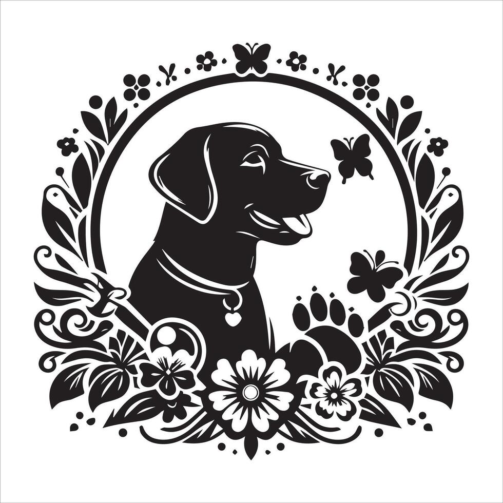 A collage of dog a plant in an illustrated frame risograph silhouette white background vector