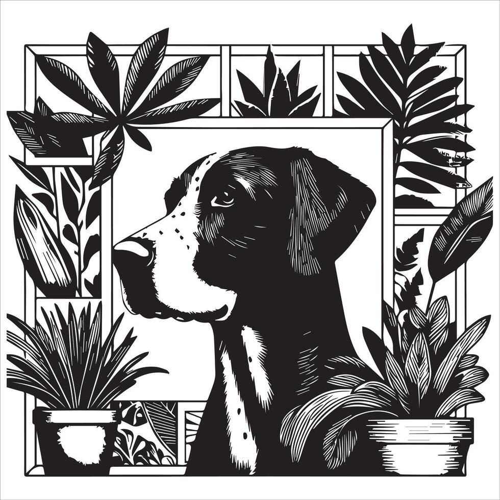 A collage of dog a plant in an illustrated frame risograph silhouette white background vector