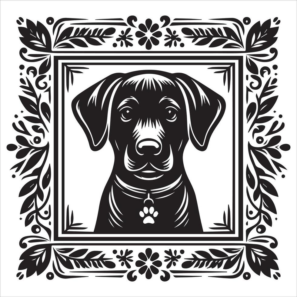 A collage of dog a plant in an illustrated frame risograph silhouette white background vector