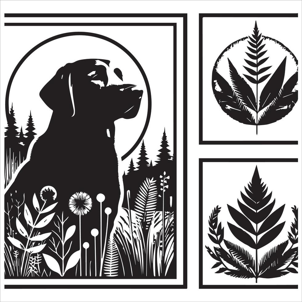 A collage of dog a plant in an illustrated frame risograph silhouette white background vector