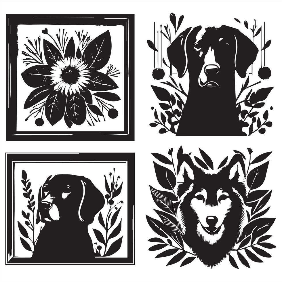A collage of dog a plant in an illustrated frame risograph silhouette white background vector