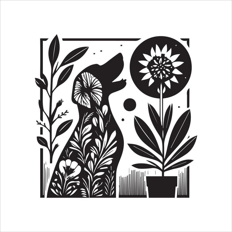 A collage of dog a plant in an illustrated frame risograph silhouette white background vector