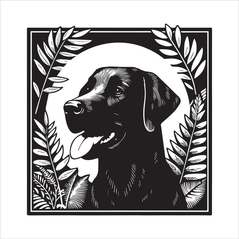 A collage of dog a plant in an illustrated frame risograph silhouette white background vector