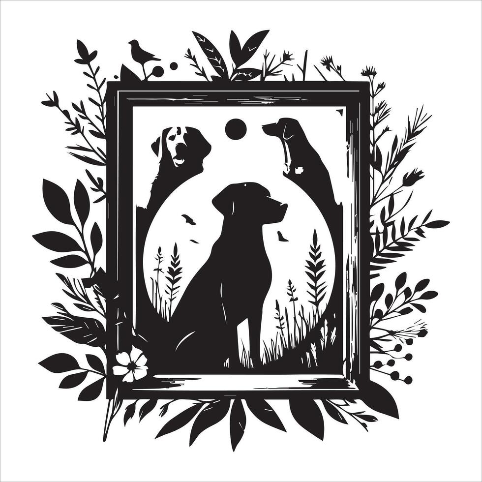 A collage of dog a plant in an illustrated frame risograph silhouette white background vector