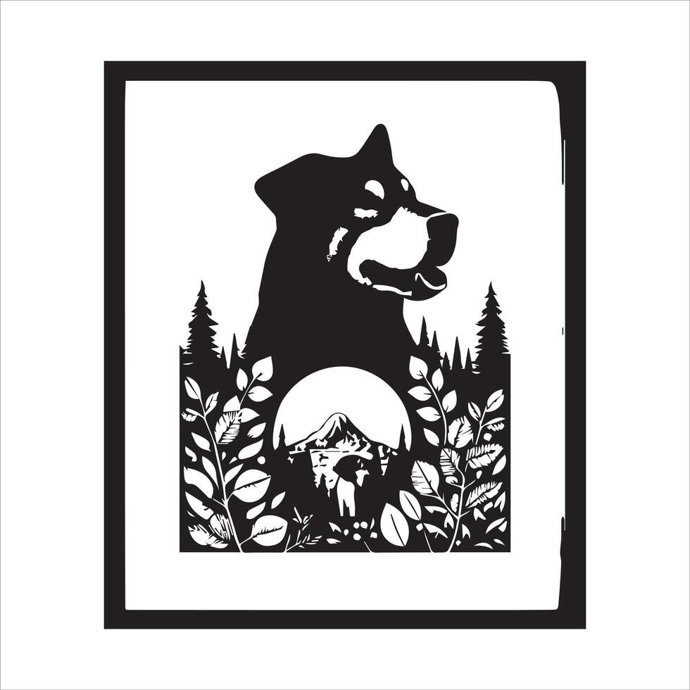 A collage of dog a plant in an illustrated frame risograph silhouette white background vector