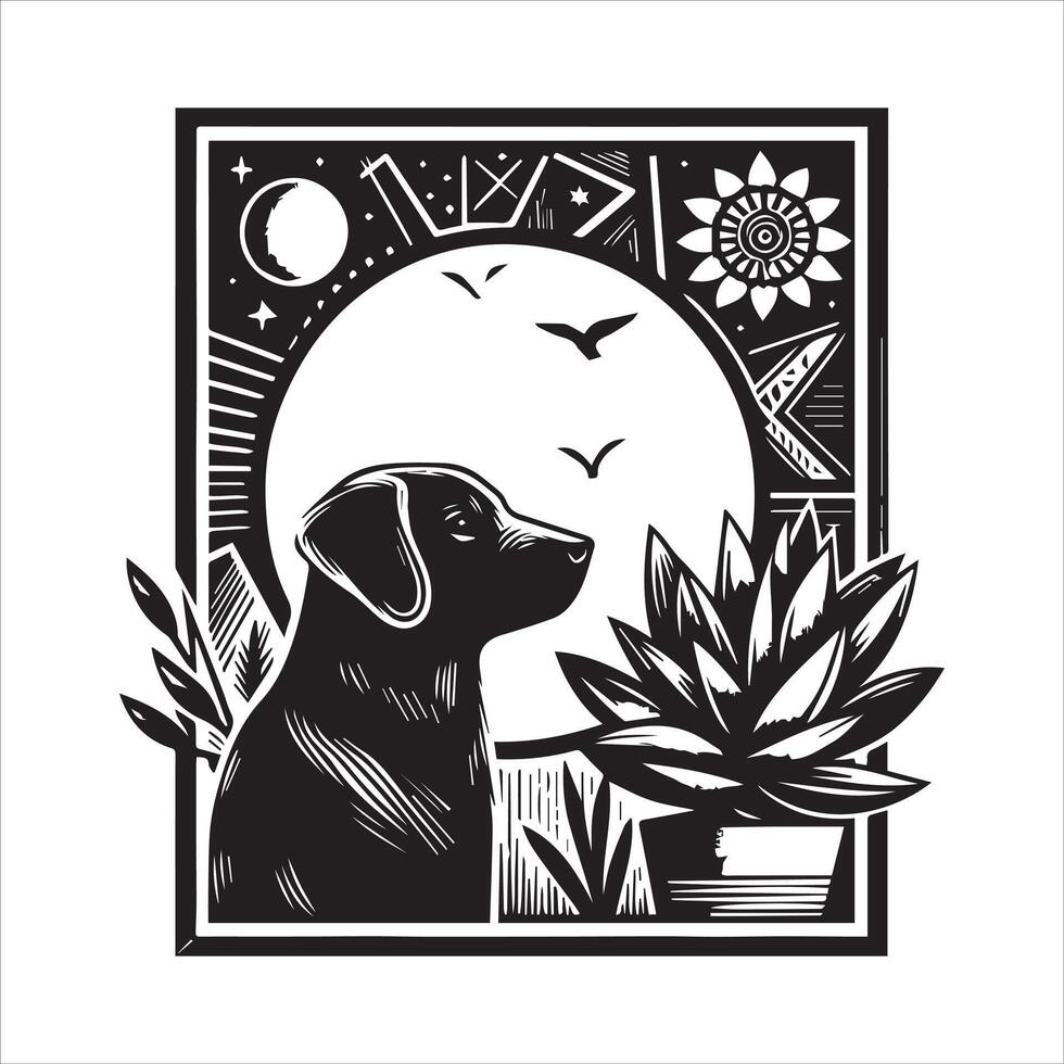 A collage of dog a plant in an illustrated frame risograph silhouette white background vector