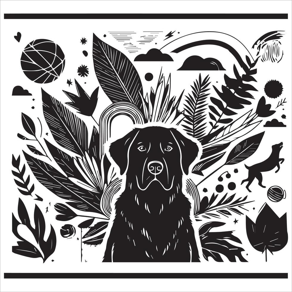 A collage of dog a plant in an illustrated frame risograph silhouette white background vector