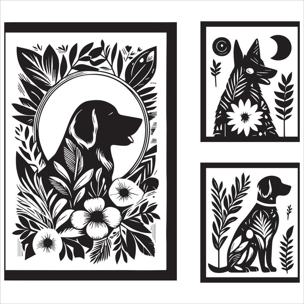 A collage of dog a plant in an illustrated frame risograph silhouette white background vector
