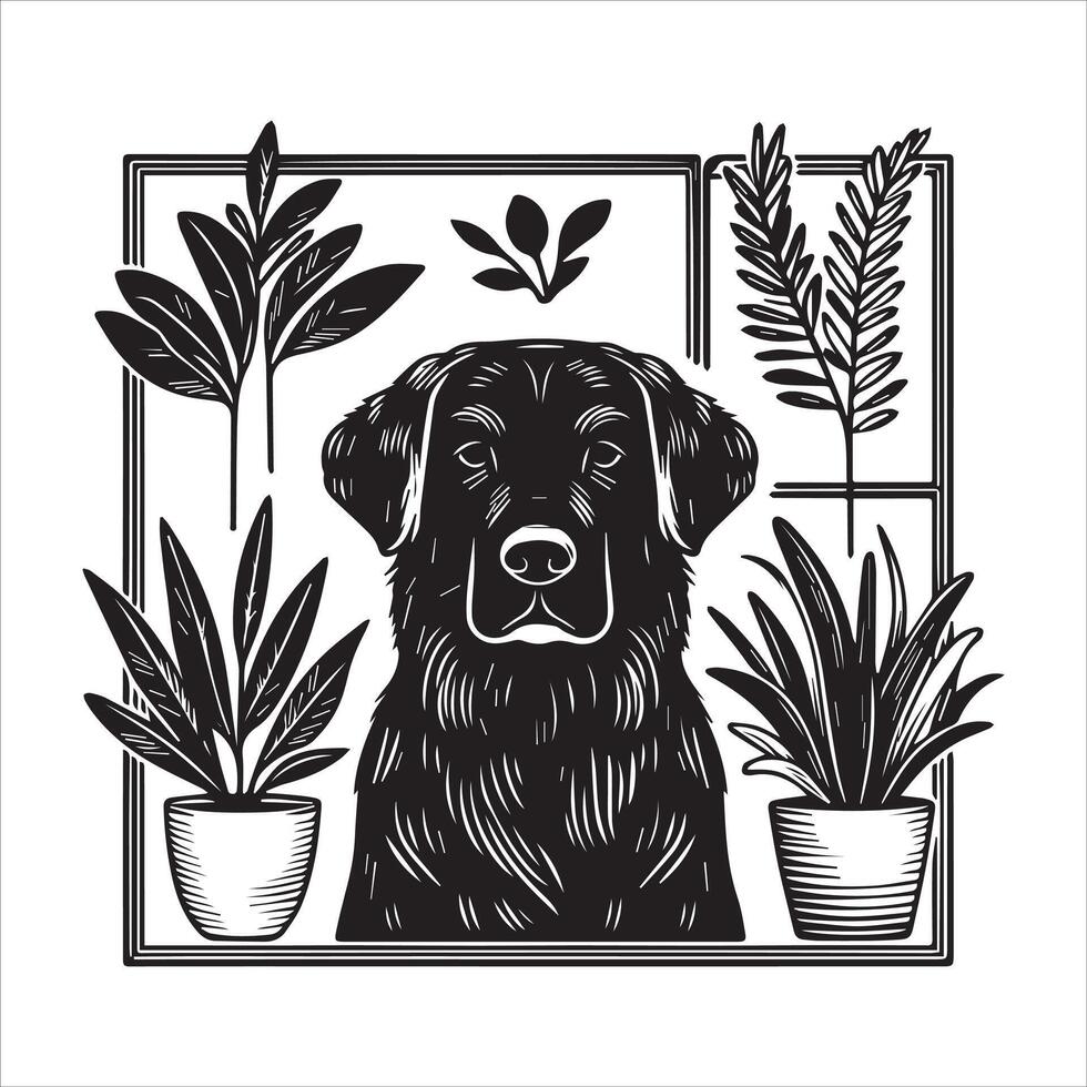 A collage of dog a plant in an illustrated frame risograph silhouette white background vector