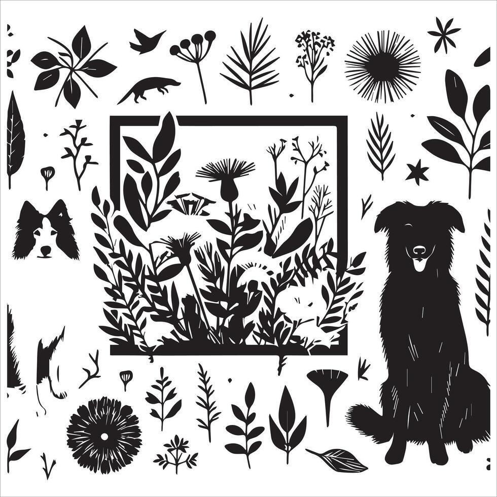 A collage of dog a plant in an illustrated frame risograph silhouette white background vector