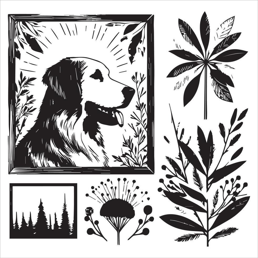 A collage of dog a plant in an illustrated frame risograph silhouette white background vector