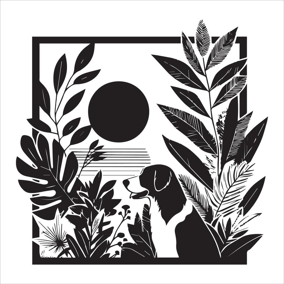 A collage of dog a plant in an illustrated frame risograph silhouette white background vector