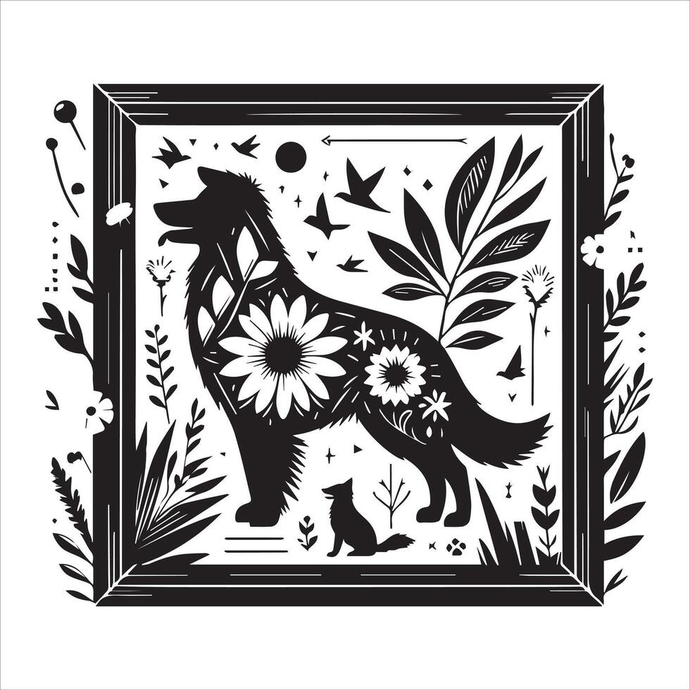 A collage of dog a plant in an illustrated frame risograph silhouette white background vector