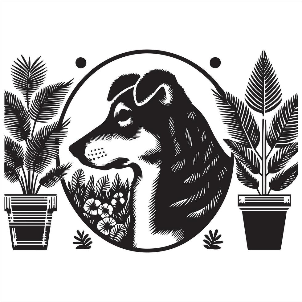 A collage of dog a plant in an illustrated frame risograph silhouette white background vector