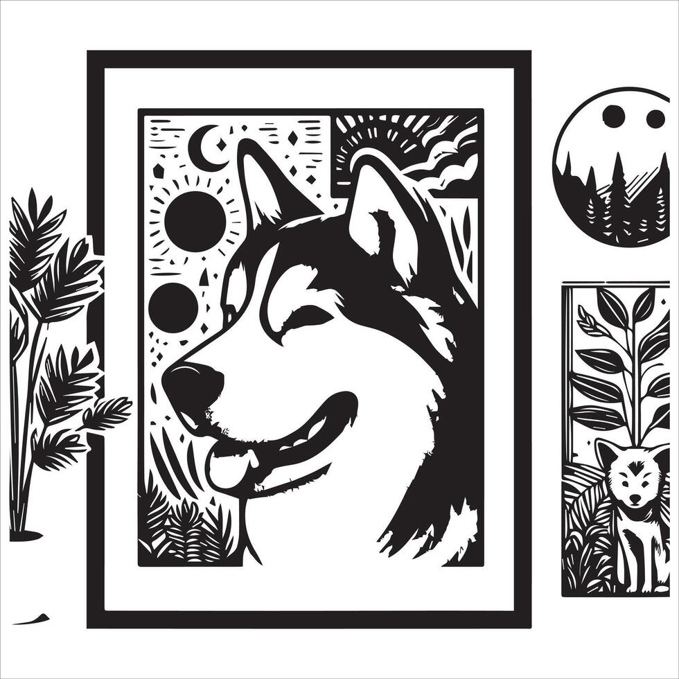 A collage of dog a plant in an illustrated frame risograph silhouette white background vector