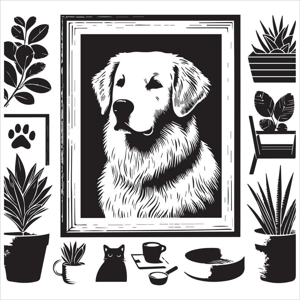 A collage of dog a plant in an illustrated frame risograph silhouette white background vector