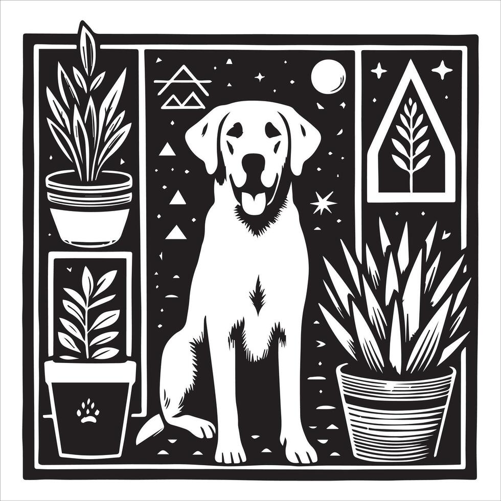A collage of dog a plant in an illustrated frame risograph silhouette white background vector