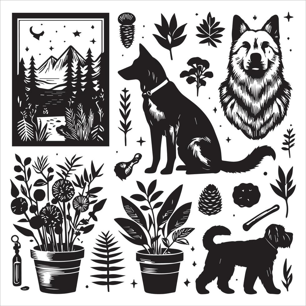 A collage of dog a plant in an illustrated frame risograph silhouette white background vector