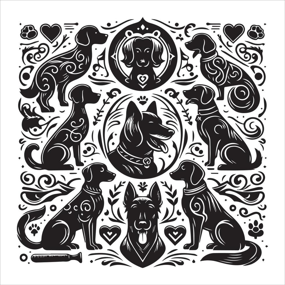 A collage of dog a plant in an illustrated frame risograph silhouette white background vector