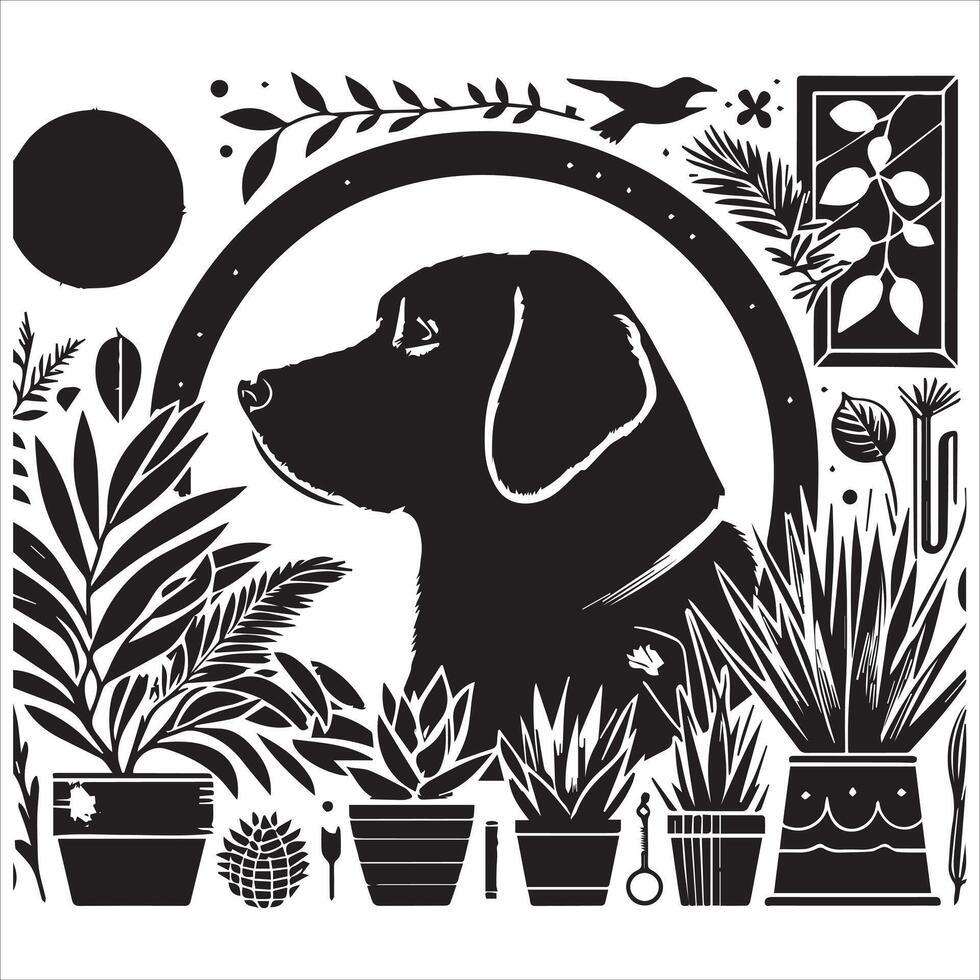 A collage of dog a plant in an illustrated frame risograph silhouette white background vector