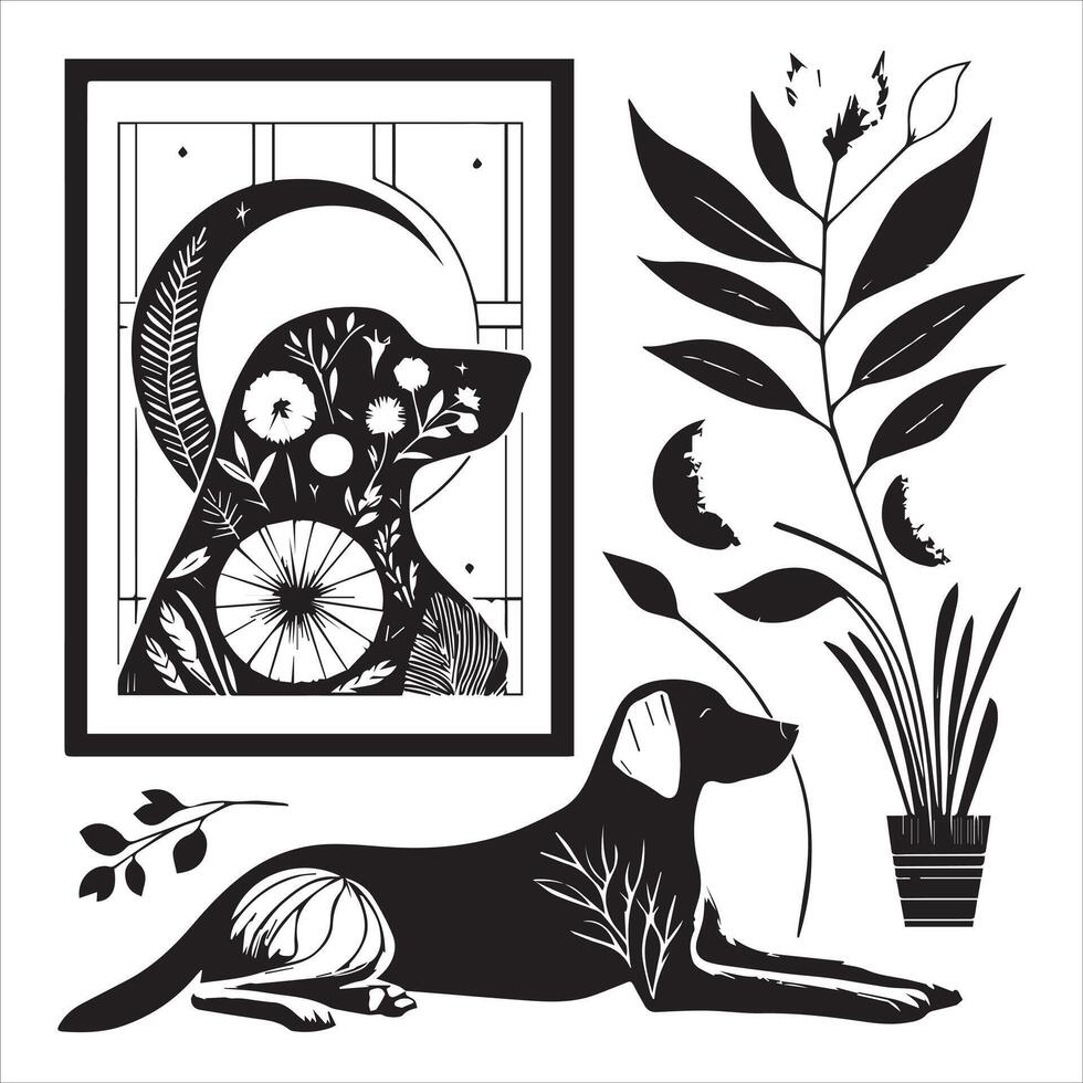 A collage of dog a plant in an illustrated frame risograph silhouette white background vector