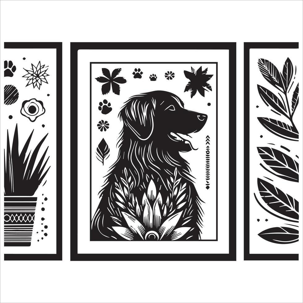 A collage of dog a plant in an illustrated frame risograph silhouette white background vector