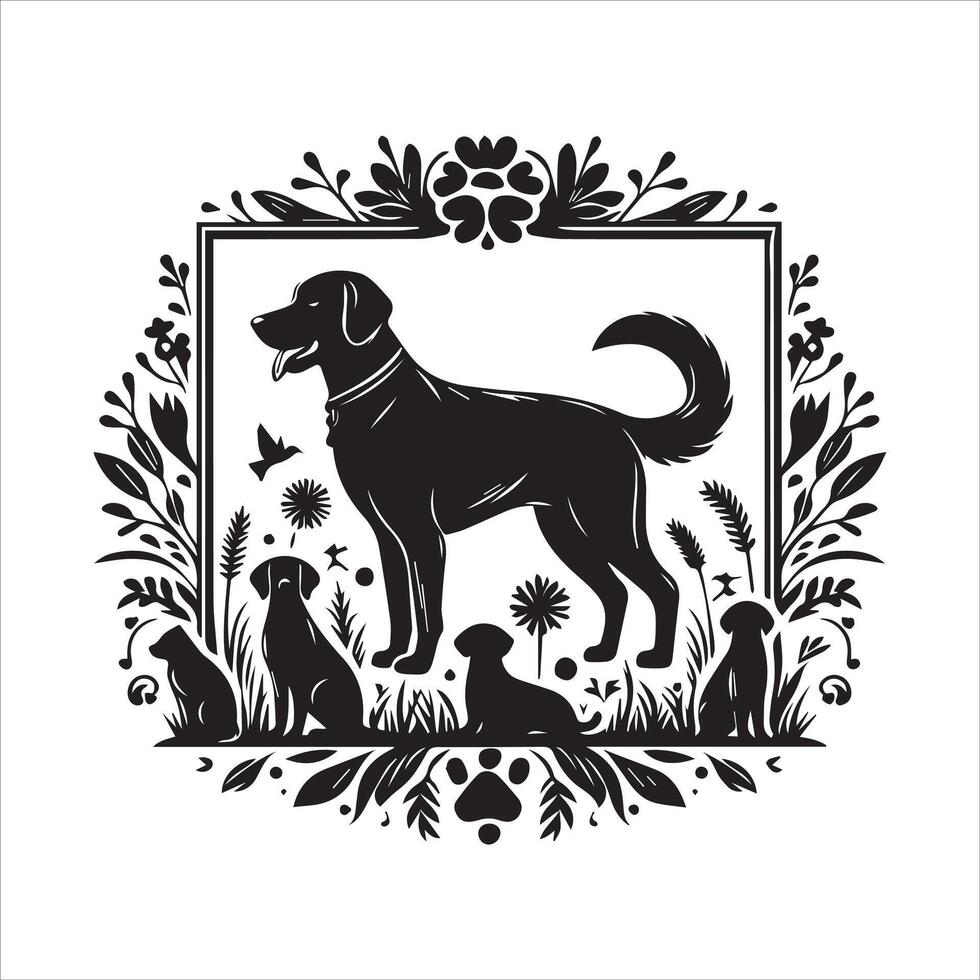 A collage of dog a plant in an illustrated frame risograph silhouette white background vector